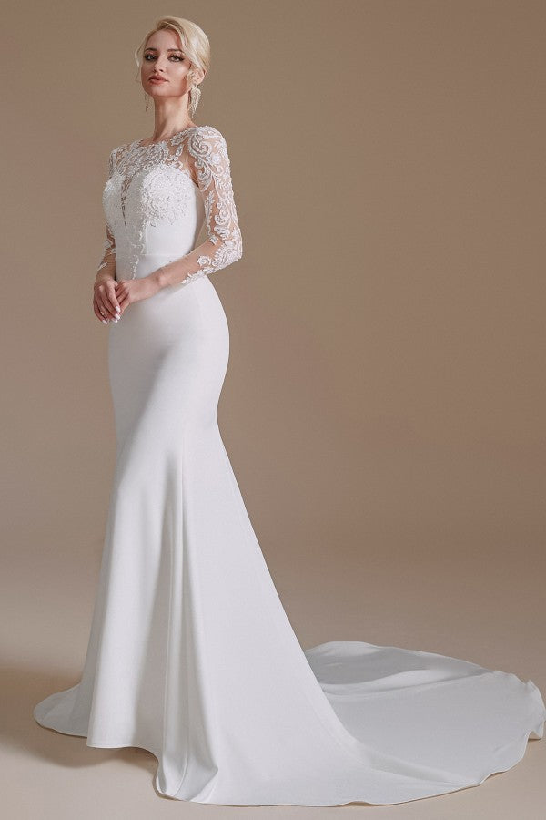 Langes Meerjungfrau-Brautkleid aus Juwel-Satin und Spitze mit Ärmeln