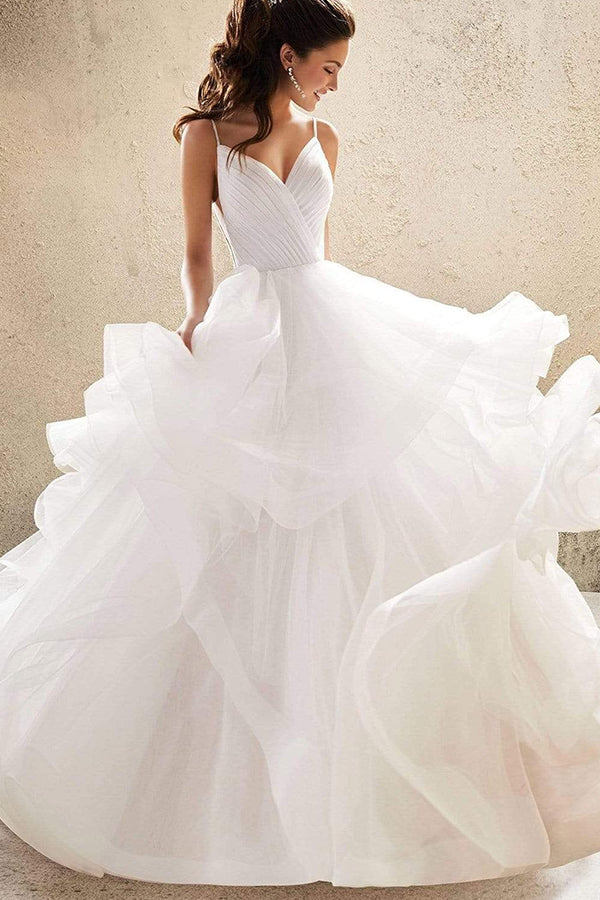 Wunderschönes Brautkleid mit V-Ausschnitt, Spaghettiträgern, rückenfrei, A-Linie mit Rüschen
