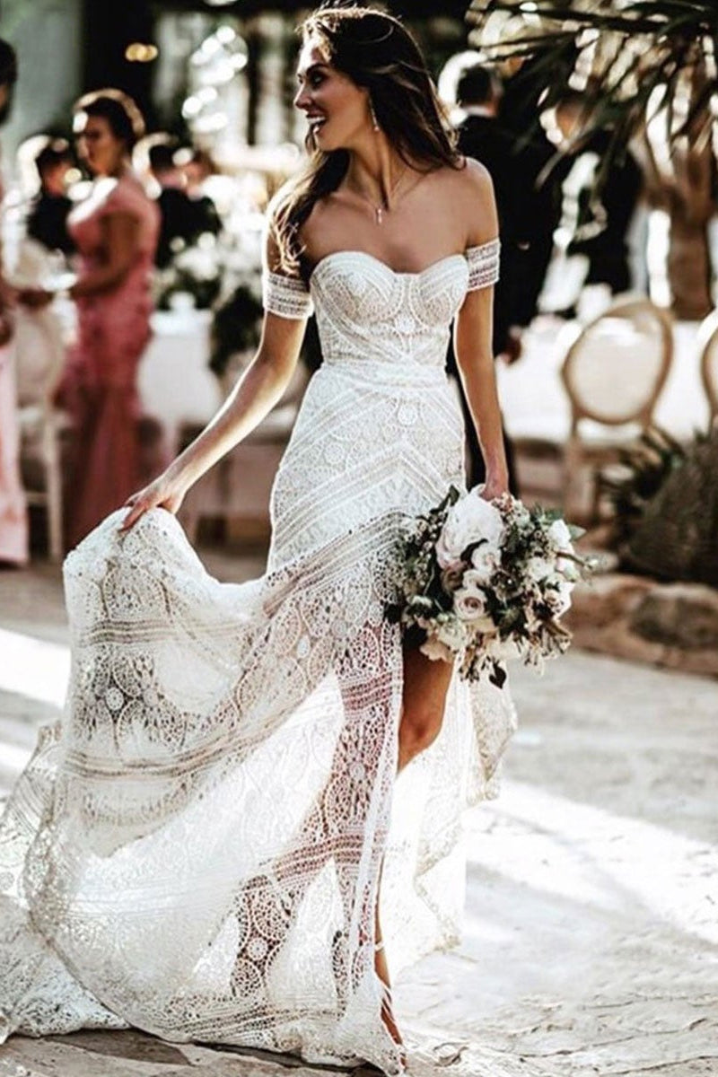 Schulterfreies Boho-Brautkleid im Meerjungfrau-Stil mit Spitze