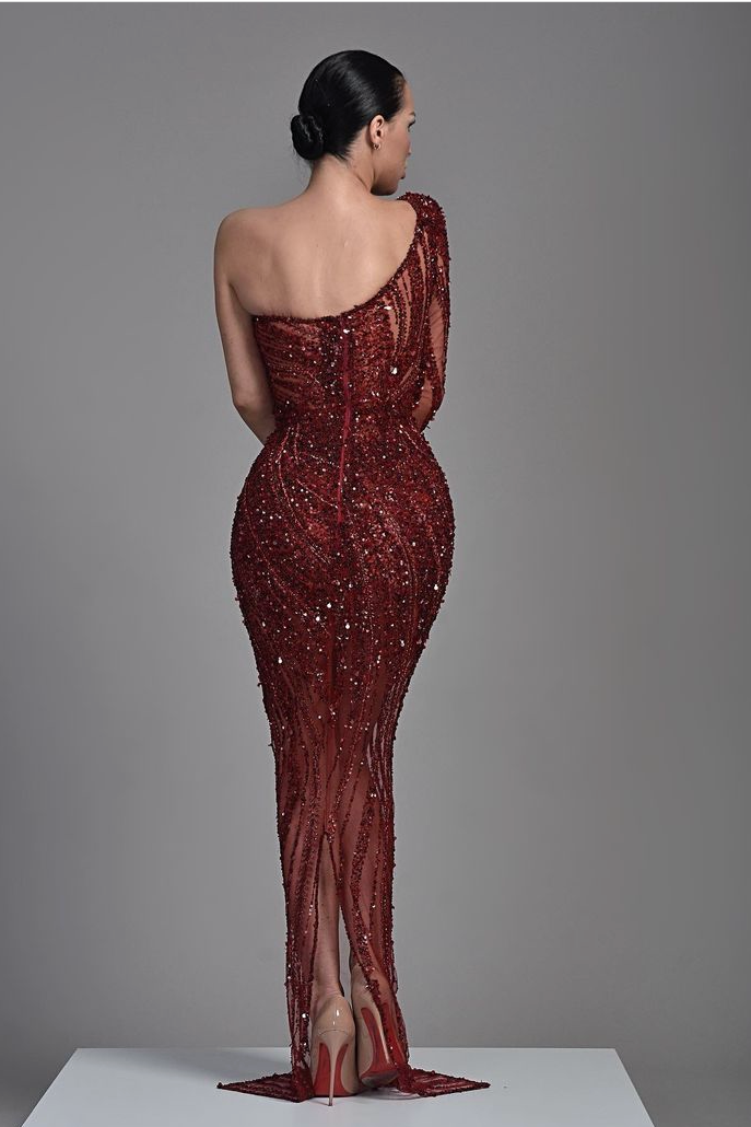 Brgundy Abendkleid, One-Shoulder-Pailletten, schwere Meerjungfrau