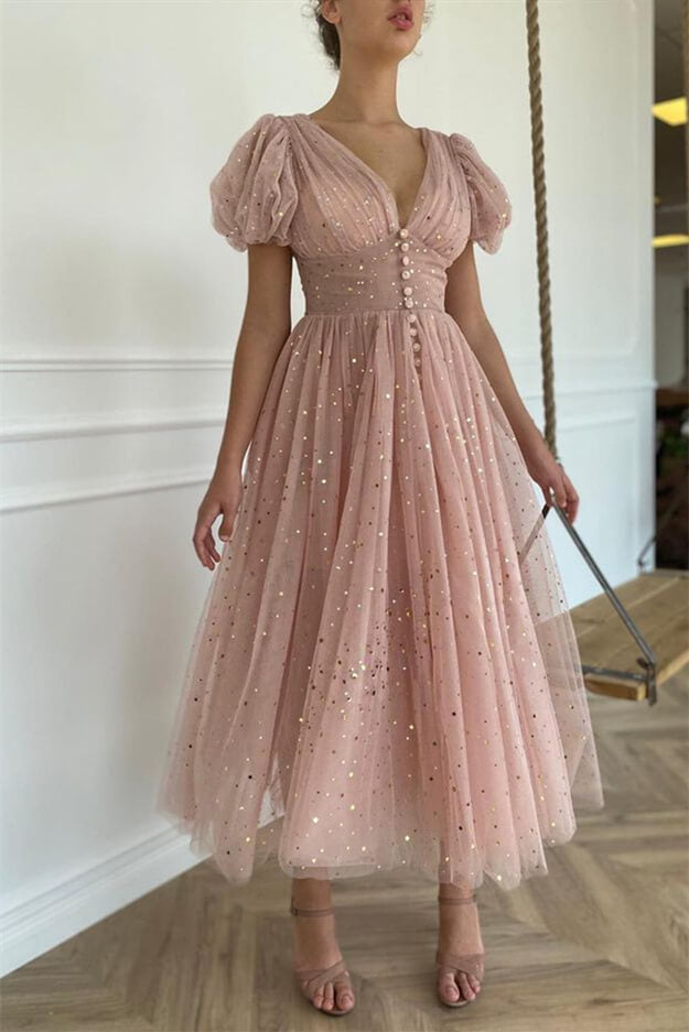 Elegantes tauperosa Ballkleid mit V-Ausschnitt, kurzen Ärmeln und Pailletten