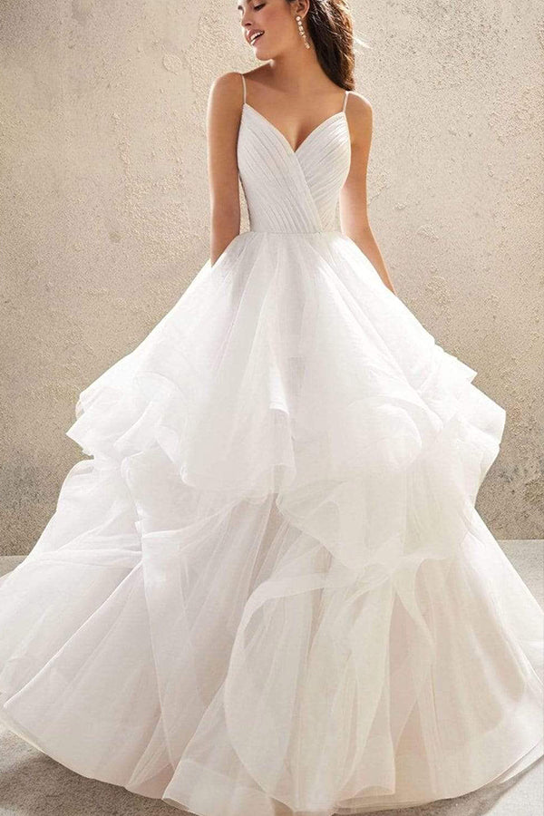 Wunderschönes Brautkleid mit V-Ausschnitt, Spaghettiträgern, rückenfrei, A-Linie mit Rüschen