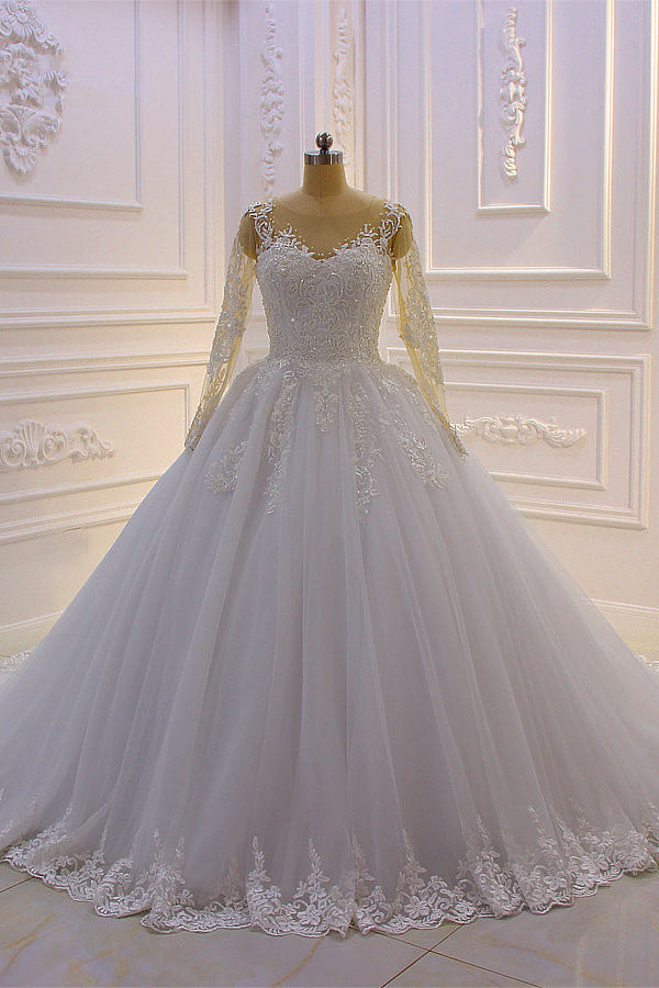 Bateau-Brautkleid in A-Linie mit langärmeliger Spitze, Perlentüll und Applikationen