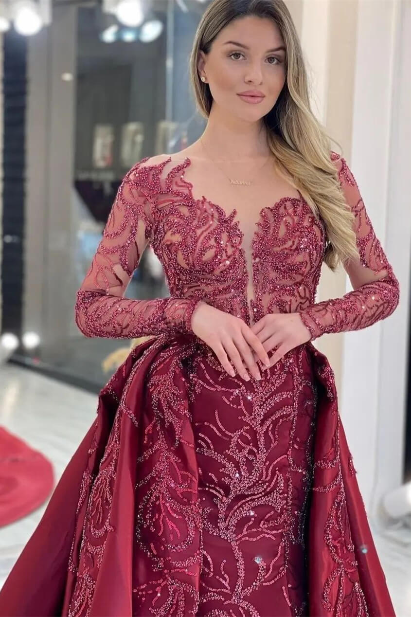 Elegantes rotes Meerjungfrau-Abendkleid mit langen Ärmeln und Paillettenapplikation
