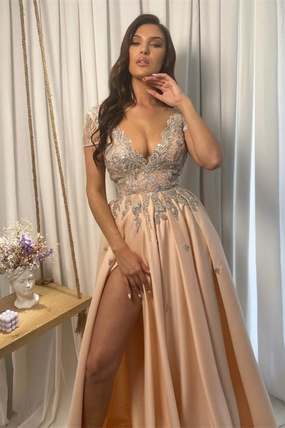 Champagner-Abschlussballkleid, Spitze, V-Ausschnitt, Applikation mit Schlitz