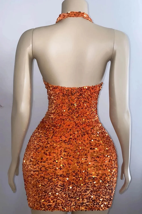 Neckholder-Abendkleid mit V-Ausschnitt, rückenfrei und glitzernden Pailletten