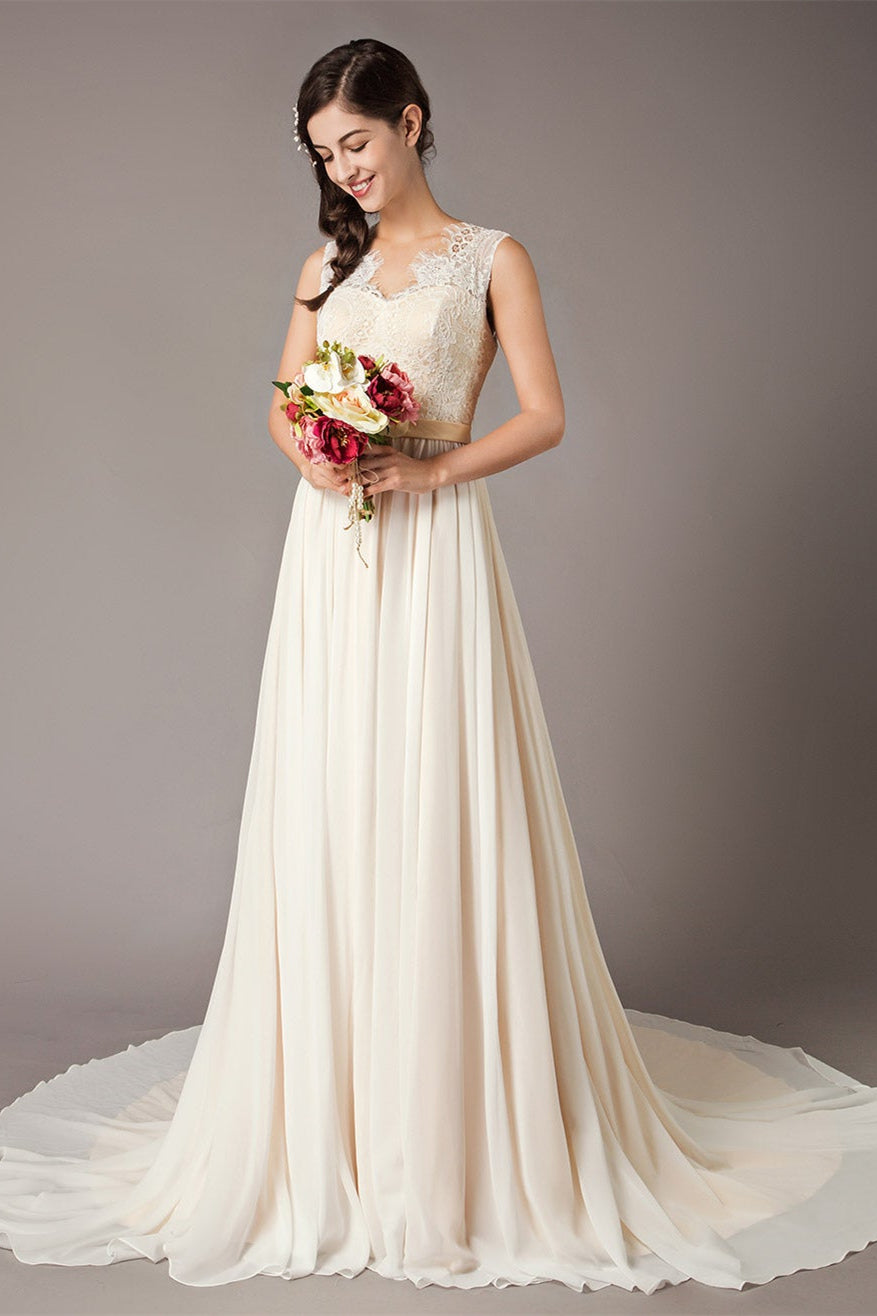 Champagnerfarbenes Spitzen-Chiffon-Brautkleid