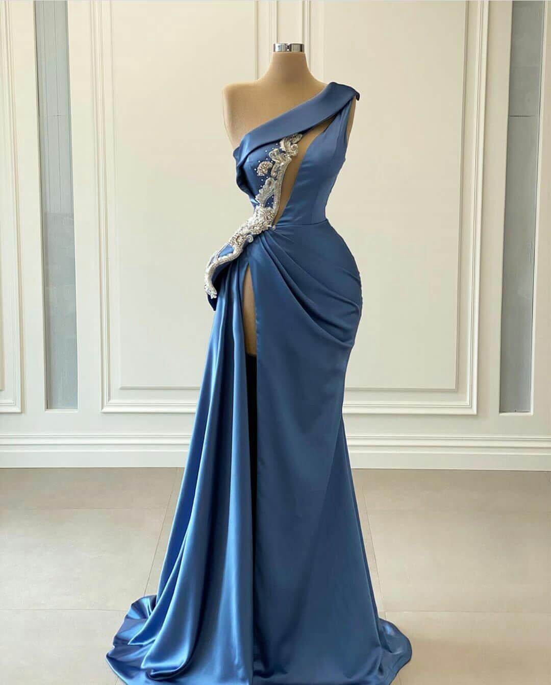 Blaues One-Shoulder-Meerjungfrau-Abschlussballkleid mit Perlen