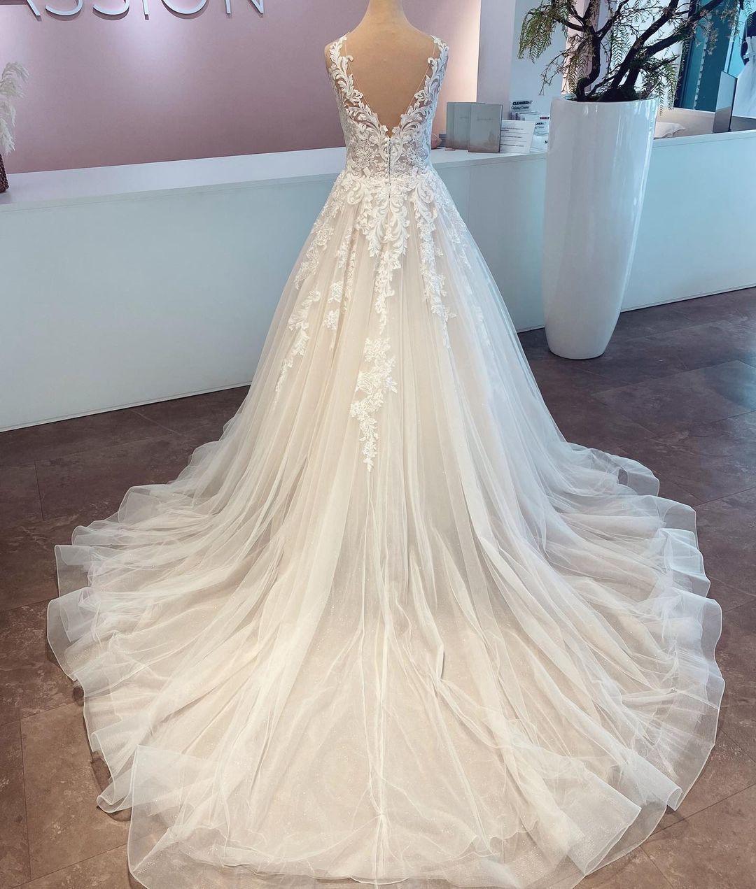 Langes, ärmelloses Brautkleid aus Tüll mit V-Ausschnitt und Spitze in A-Linie