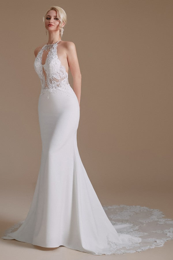 Bescheidenes langes, rückenfreies Satin-Brautkleid im Meerjungfrau-Stil mit Neckholder und Spitzenapplikationen