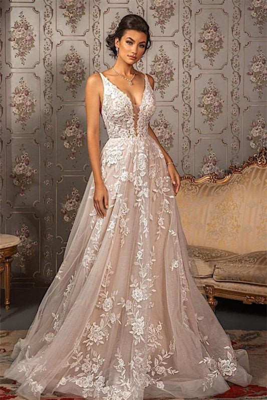 Ärmelloses A-Linien-Brautkleid aus Tüll mit V-Ausschnitt und Spitzenapplikationen