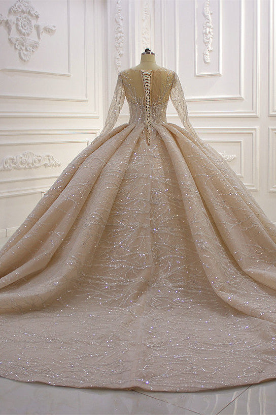 Bateau-Brautkleid mit langen Ärmeln, bodenlangem Ballkleid und Rüschen