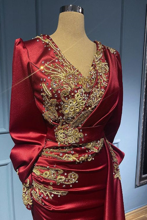 Burgunderrotes, langärmliges, perlenbesetztes Meerjungfrau-Rüschen-Abendkleid mit Applikationen