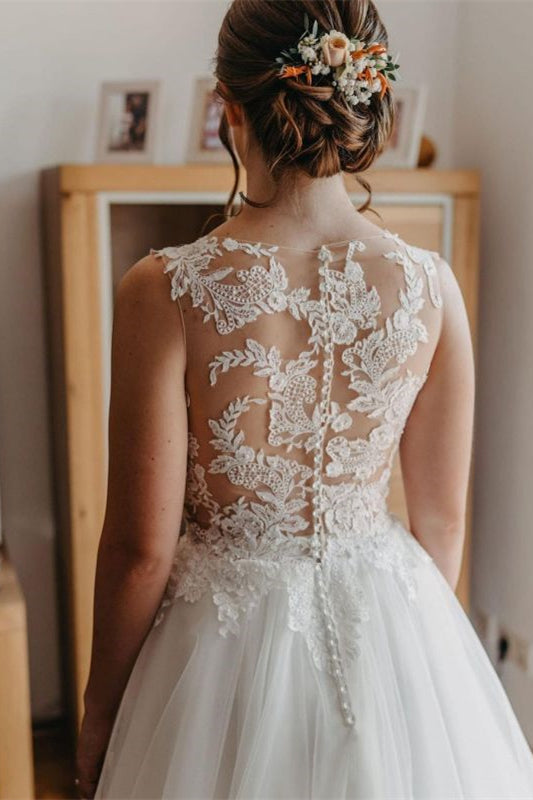 Bateau-Brautkleid in A-Linie, ärmellos, Tüll mit Spitze