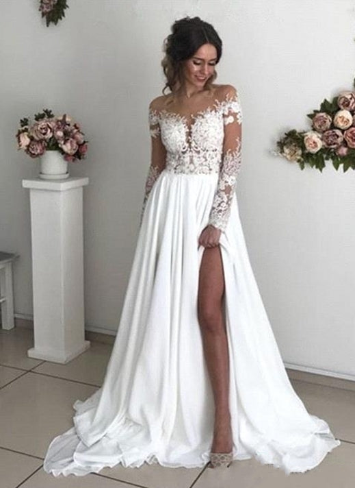 Langes A-Linien-Brautkleid mit langen Ärmeln, Schlitz und Chiffonspitze