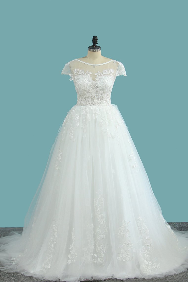 Bateau-Brautkleid in A-Linie, Spitze, rückenfrei, mit Tüllapplikationen