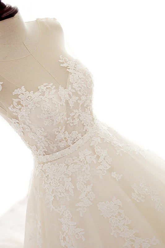 Langes Brautkleid A-Linie Hochzeitskleider mit Spitzenapplikationen
