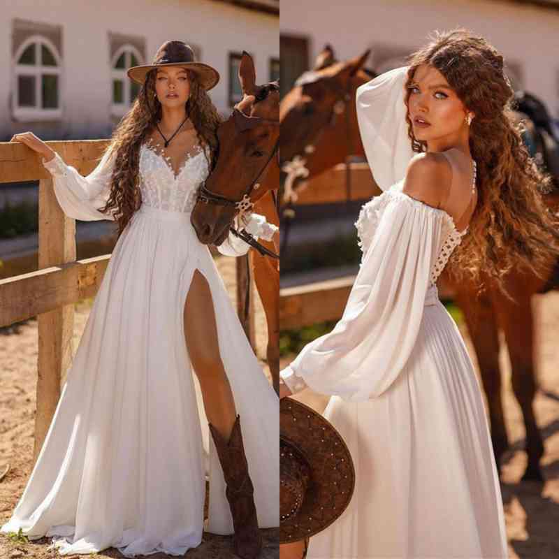 Weißes Hochzeitskleid mit V-Ausschnitt, langen Ärmeln und geteiltem Kleid in A-Linie
