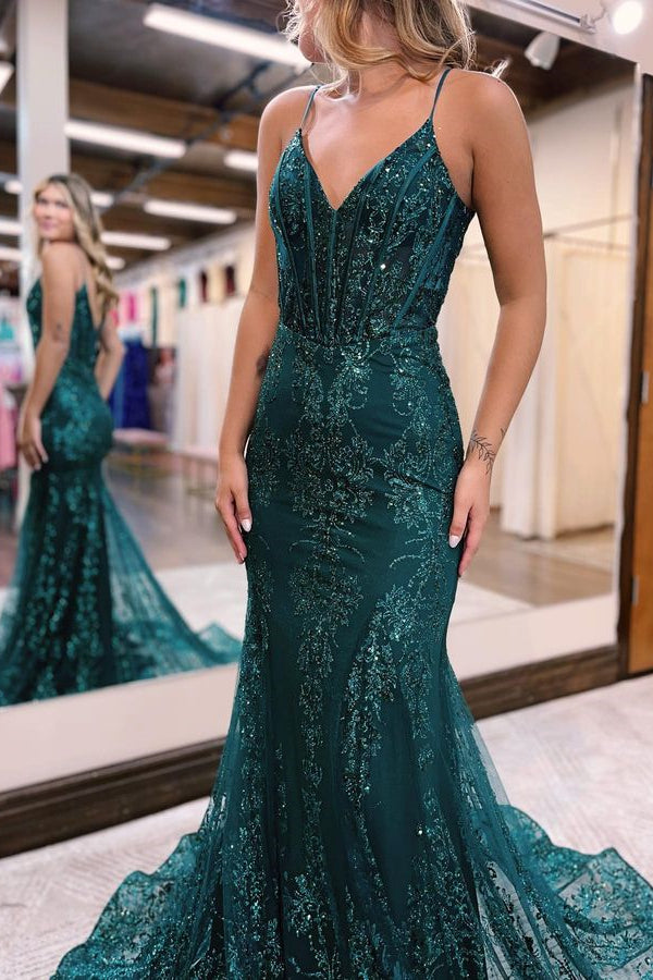 Abendkleid Spaghettiträger Applikationen A-Linie Tüll Pailletten