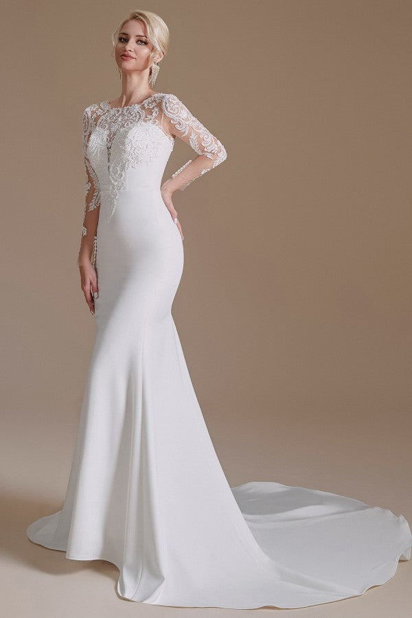 Langes Meerjungfrau-Brautkleid aus Juwel-Satin und Spitze mit Ärmeln
