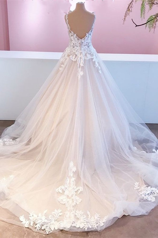 Elegantes, herzförmiges, rückenfreies A-Linie-Brautkleid mit Rüschen und Applikationen aus Spitzentüll