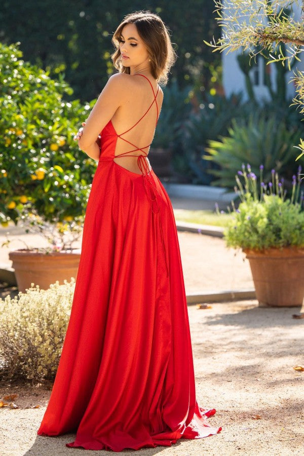 Rotes, langes Meerjungfrau-Abendkleid mit Spaghettiträgern und Schlitz