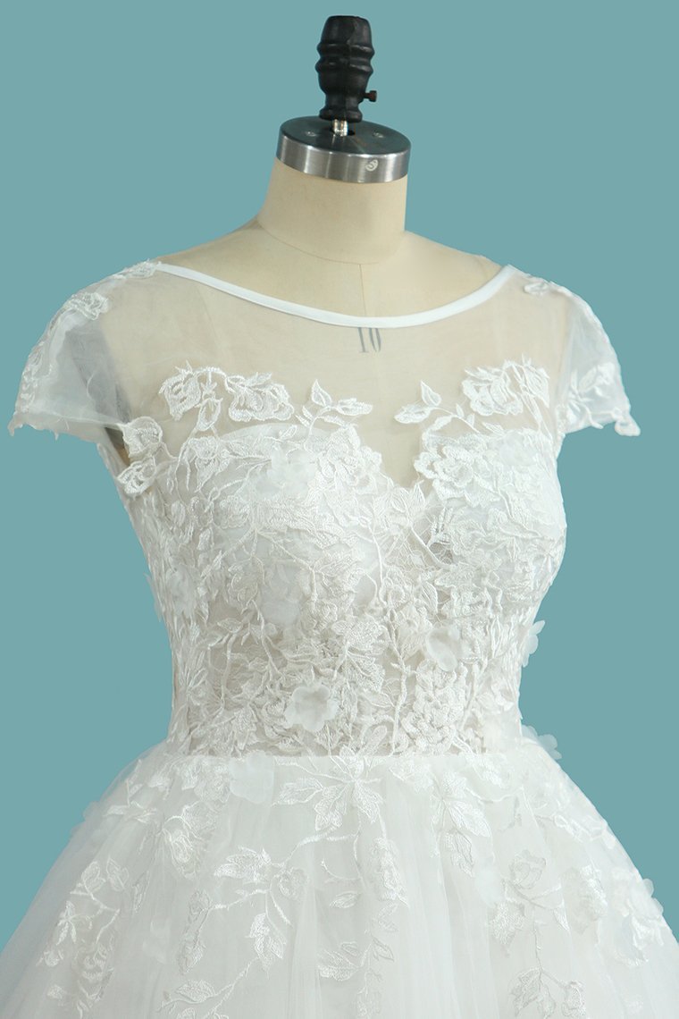 Bateau-Brautkleid in A-Linie, Spitze, rückenfrei, mit Tüllapplikationen