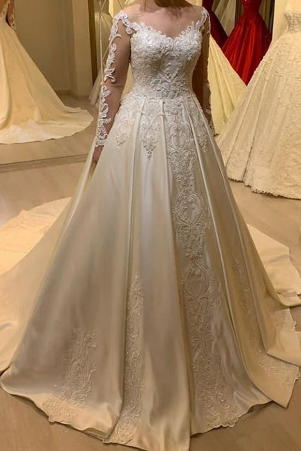 A-Linien-Brautkleid mit Herzausschnitt, langen Ärmeln, Perlensatin und Spitzenapplikationen