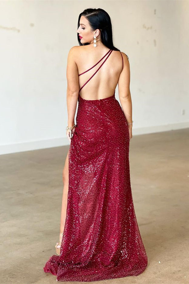 Burgunderrotes One-Shoulder-Schlitz-Meerjungfrau-Abendkleid mit Rückenfrei