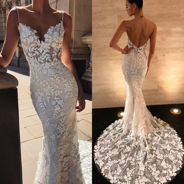 Spaghettiträger, rückenfreies, langes Meerjungfrau-Brautkleid mit Spitzenapplikationen