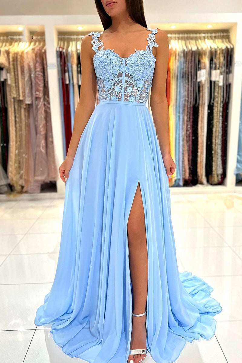 Babyblaues, herzförmiges, langes Ballkleid aus Spitze in A-Linie mit Schlitz