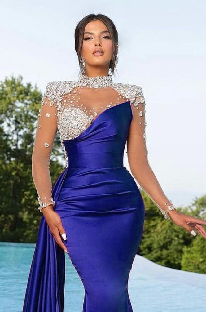 Lila Abendkleid im Meerjungfrau-Stil, lang, aus Satin mit Schleppe, langen Ärmeln