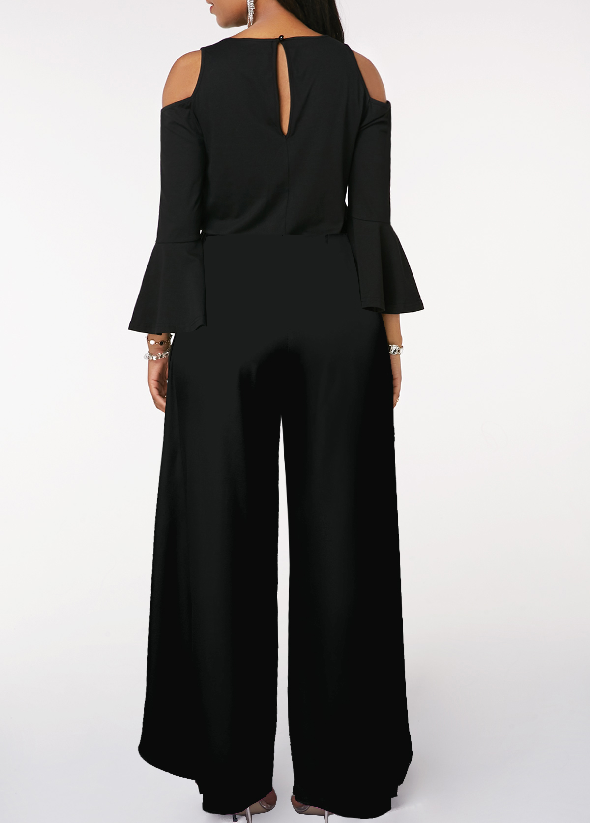 Damen-Overall mit Schlitz und Pailletten, einfarbig, V-Ausschnitt, elegant, weites Bein, lockere Ärmel, Glockenärmel
