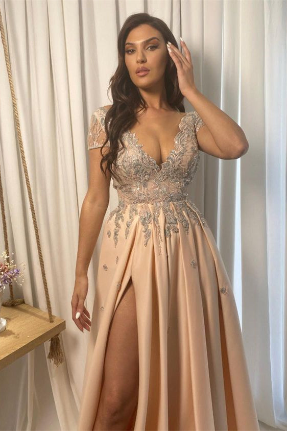 Champagner-Abschlussballkleid, Spitze, V-Ausschnitt, Applikation mit Schlitz