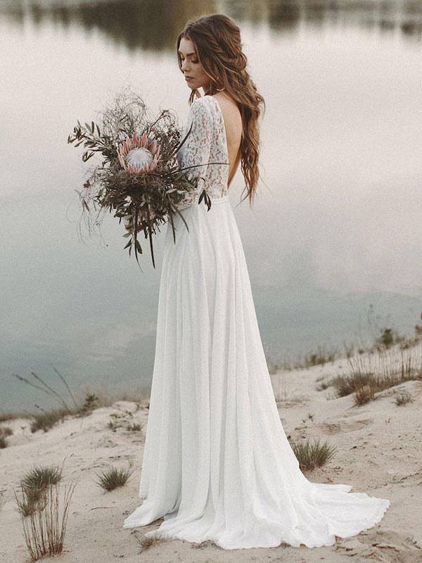 Langärmliges Boho-Hochzeitskleid mit Spitze