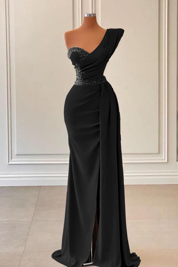 Salbeifarbenes One-Shoulder-Schlitz-Meerjungfrau-Abschlussballkleid mit Perlen