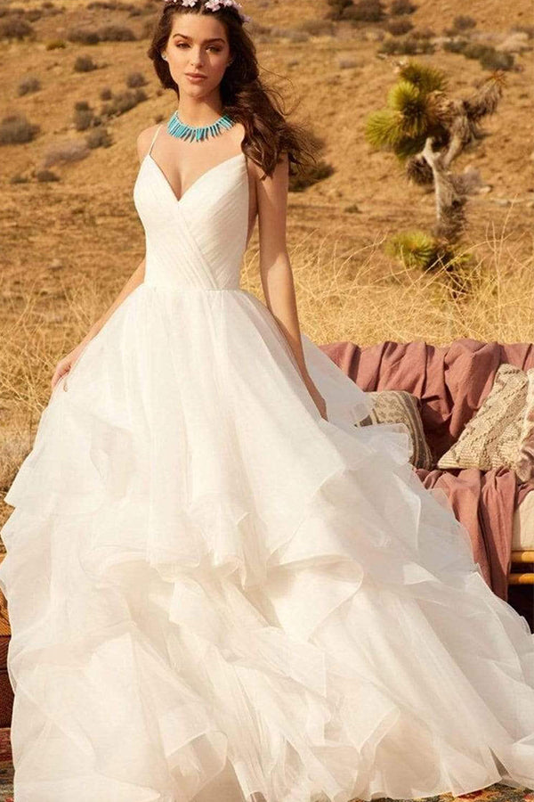 Wunderschönes Brautkleid mit V-Ausschnitt, Spaghettiträgern, rückenfrei, A-Linie mit Rüschen