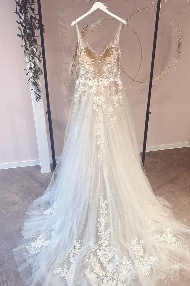 Spaghettiträger, herzförmiges A-Linien-Brautkleid aus Tüll mit Applikationen und Spitze