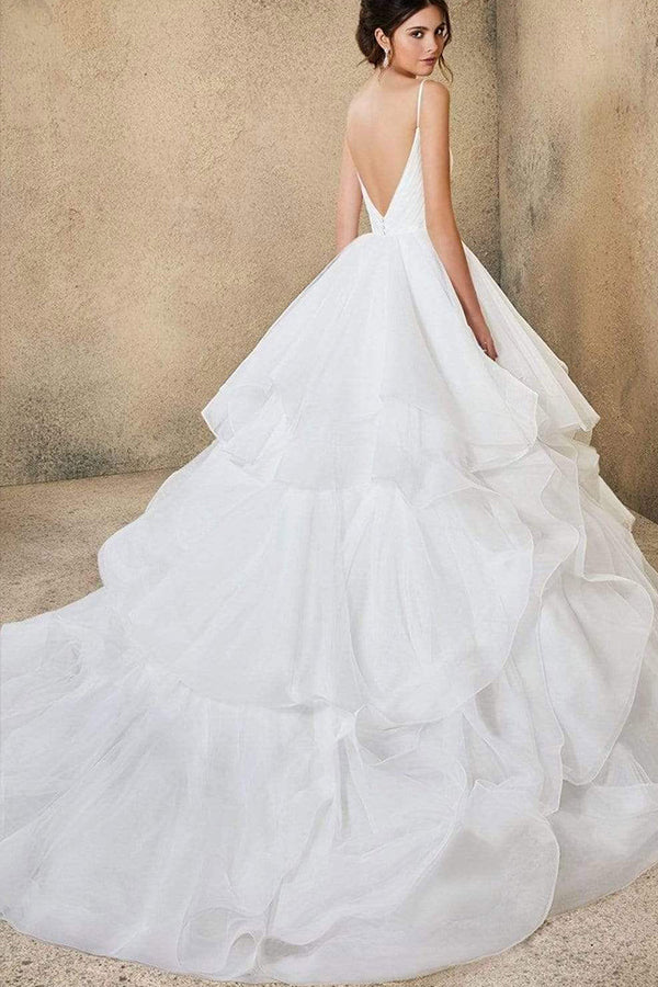 Wunderschönes Brautkleid mit V-Ausschnitt, Spaghettiträgern, rückenfrei, A-Linie mit Rüschen