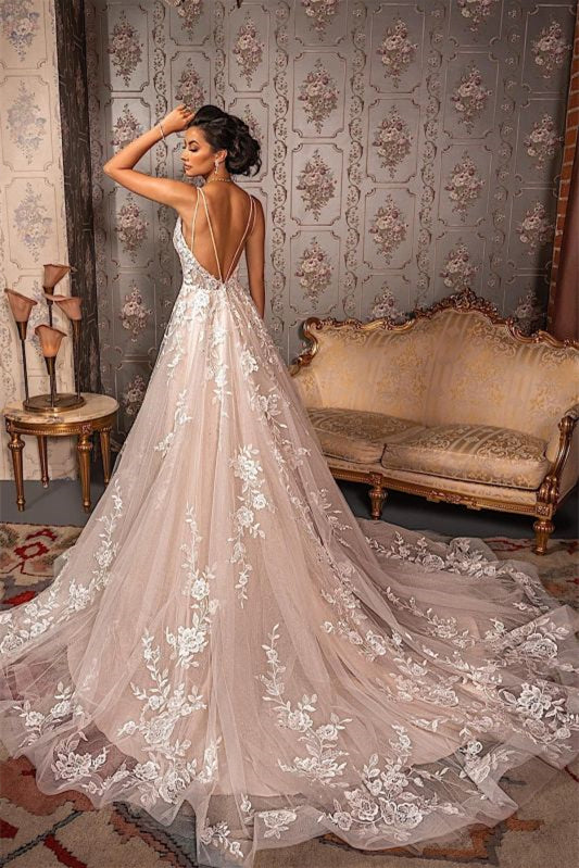 Ärmelloses A-Linien-Brautkleid aus Tüll mit V-Ausschnitt und Spitzenapplikationen