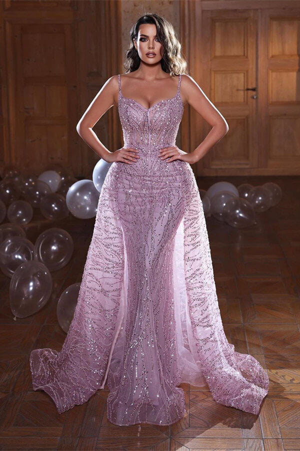 Glänzendes Meerjungfrau-Abendkleid mit Spaghettiträgern und Überrock, ärmellos online