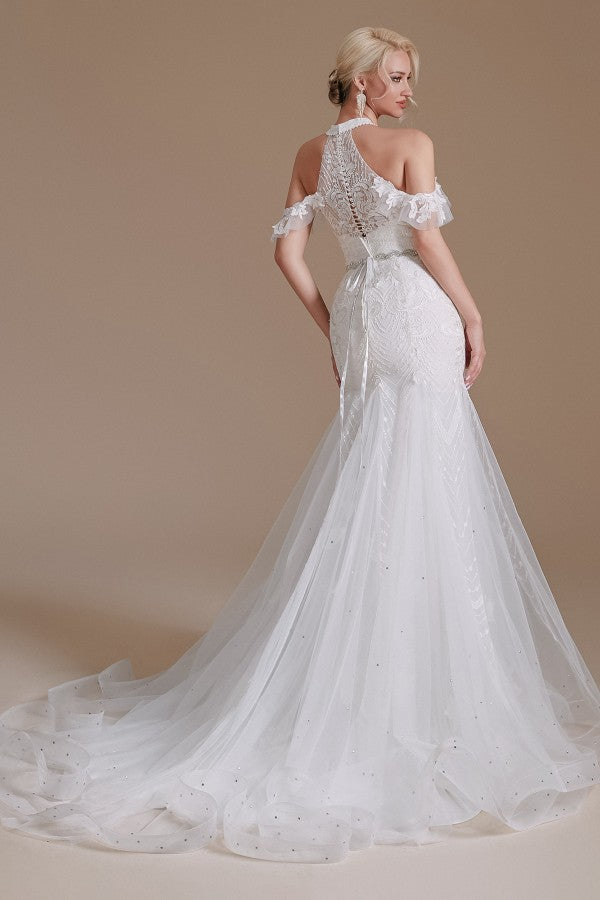 Elegantes, langes, bodenlanges Brautkleid aus Tüll mit Neckholder und Applikationen aus Spitze im Meerjungfrau-Stil