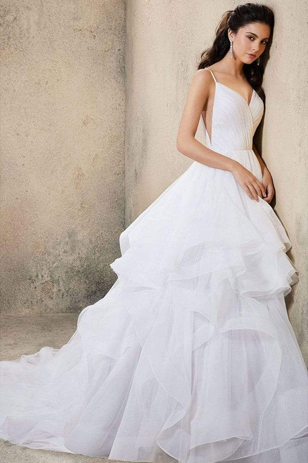 Wunderschönes Brautkleid mit V-Ausschnitt, Spaghettiträgern, rückenfrei, A-Linie mit Rüschen