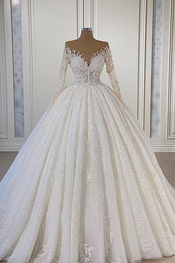 Wunderschönes Ballkleid-Hochzeitskleid mit langen Ärmeln und Spitzenperlen