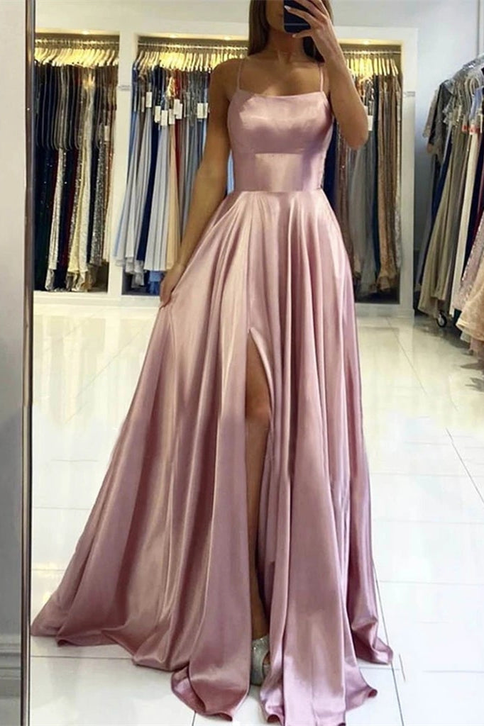 Rosa Ballkleid mit Spaghettiträgern und Schlitz