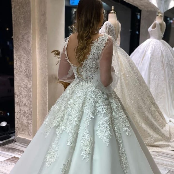 Einzigartiges A-Linien-Brautkleid mit V-Ausschnitt, Applikationen, Spitze und Tüll und bauschigen langen Ärmeln
