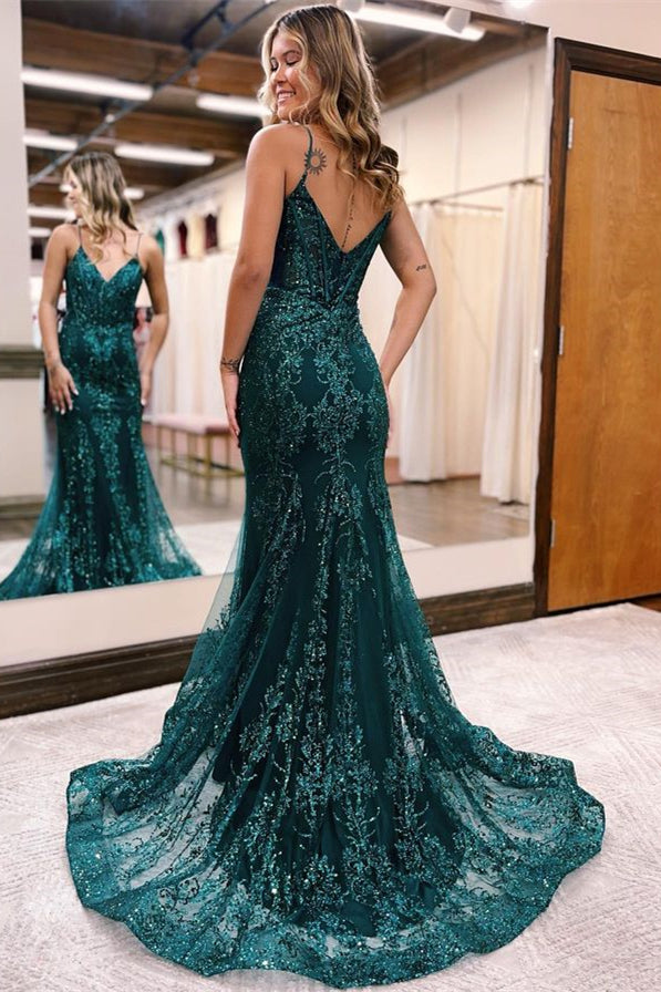 Abendkleid Spaghettiträger Applikationen A-Linie Tüll Pailletten
