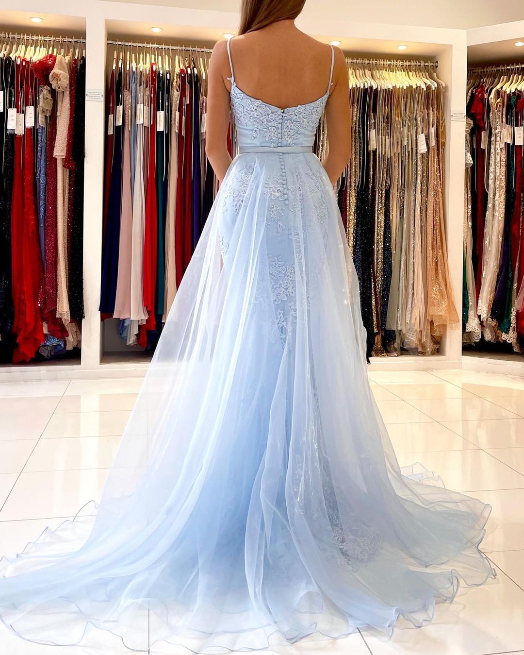 Himmelblaues Spitzen-Abschlussballkleid im Meerjungfrau-Stil