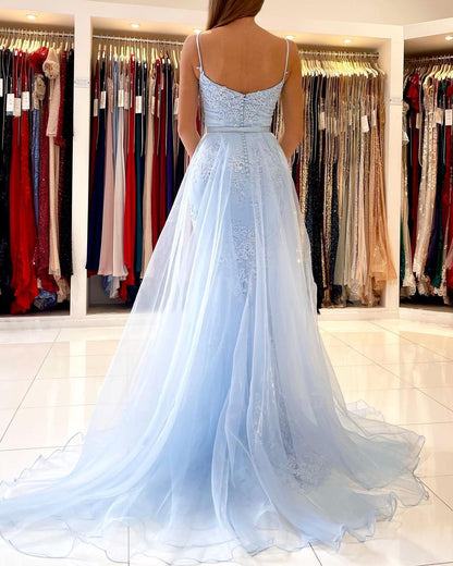 Himmelblaues Spitzen-Abschlussballkleid im Meerjungfrau-Stil