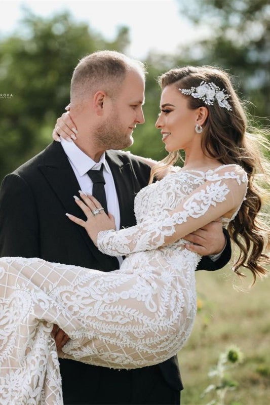 Illusions-Brautkleid mit langen Ärmeln, Meerjungfrau und Spitze online